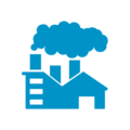 Solid blue icon of house and factory producing clouds