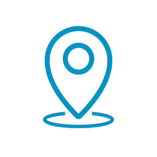 A blue location pin icon with a circular base.