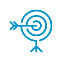 A blue, thin line icon illustration of an arrow hitting the target on a bullseye