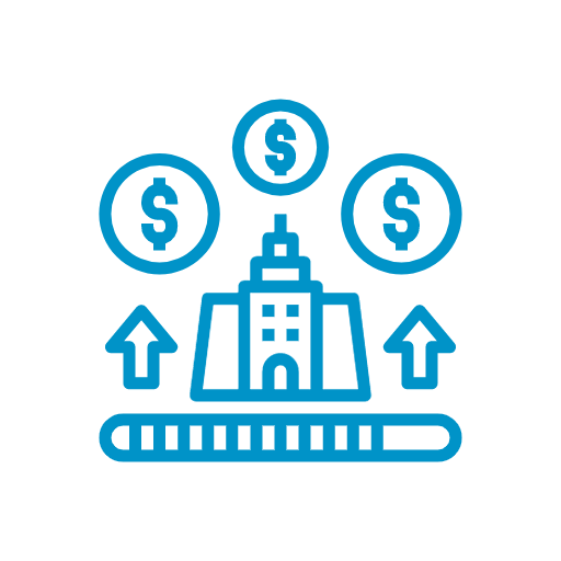 Blue line icon of circled dollar signs over a building